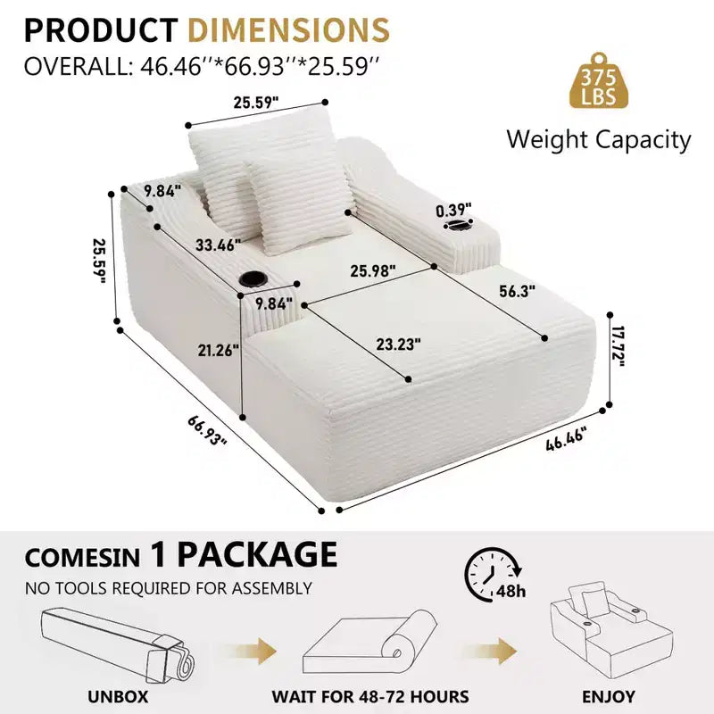 67'' Chaise Lounge Chair, Indoor Sleeper Sofa Bed with 2 Pillows, Boneless Single Sofa Couch for Living Room, No Assembly Required