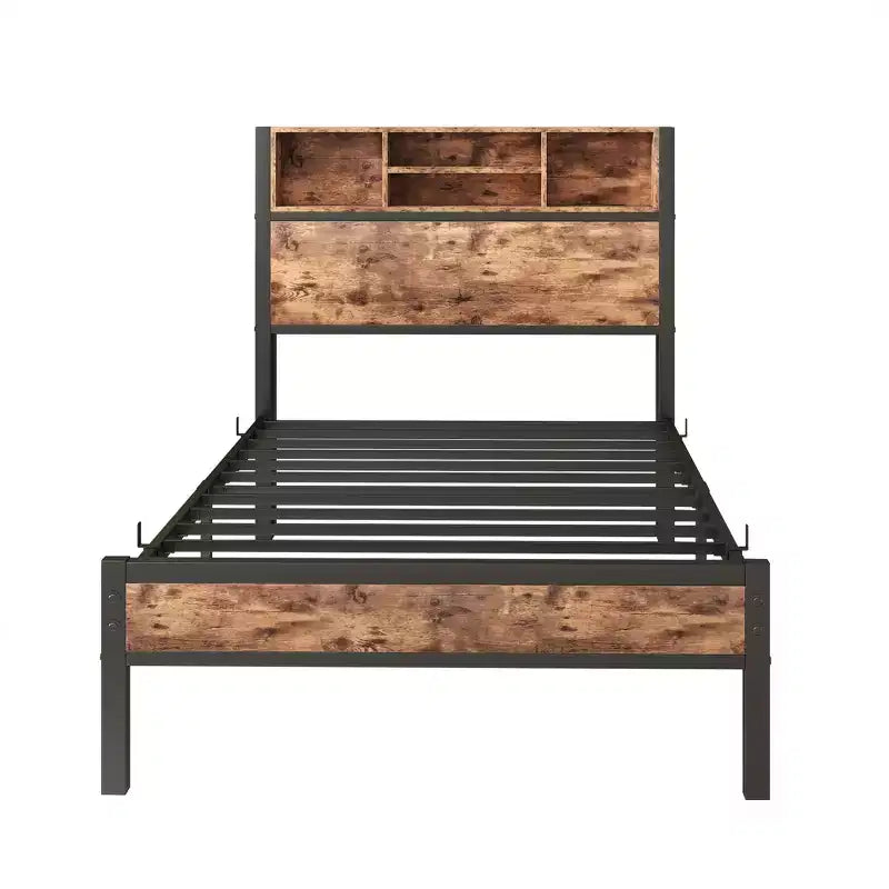 Twin Size Bed Frame with Storage Headboard & Charging Station, Bookcase Shelves for Kids' Bedroom