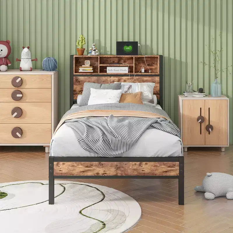 Twin Size Bed Frame with Storage Headboard & Charging Station, Bookcase Shelves for Kids' Bedroom