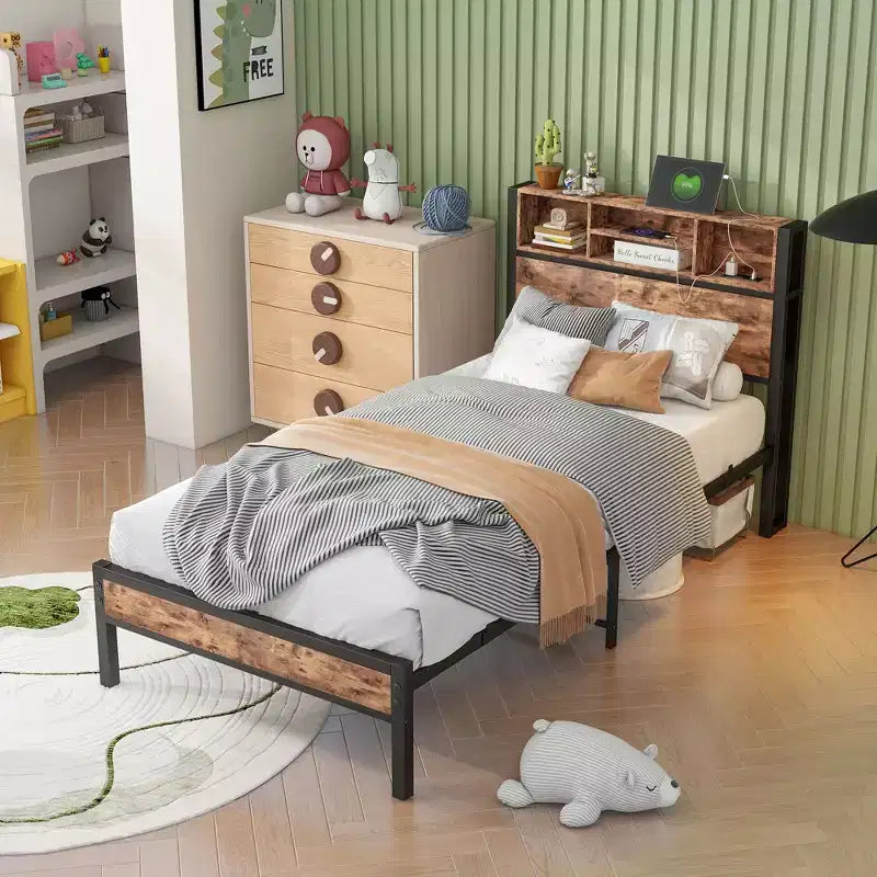 Twin Size Bed Frame with Storage Headboard & Charging Station, Bookcase Shelves for Kids' Bedroom