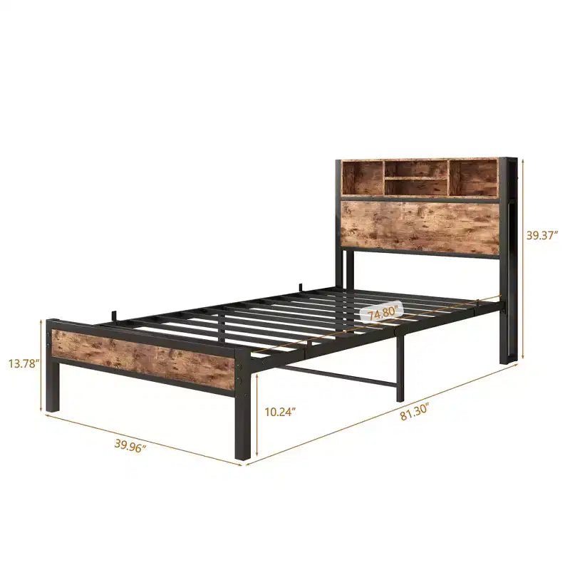 Twin Size Bed Frame with Storage Headboard & Charging Station, Bookcase Shelves for Kids' Bedroom