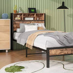Twin Size Bed Frame with Storage Headboard & Charging Station, Bookcase Shelves for Kids' Bedroom