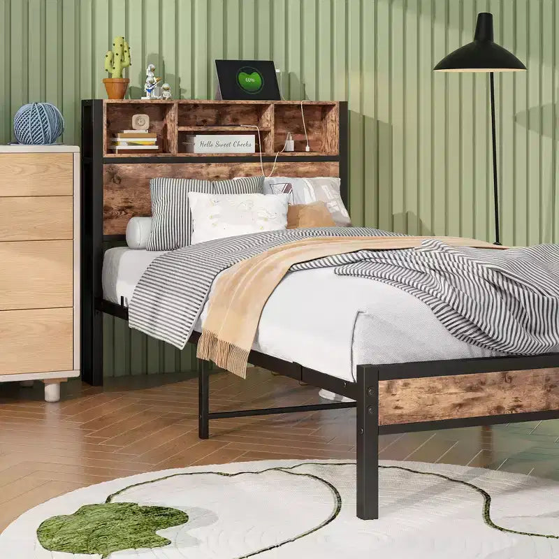 Twin Size Bed Frame with Storage Headboard & Charging Station, Bookcase Shelves for Kids' Bedroom