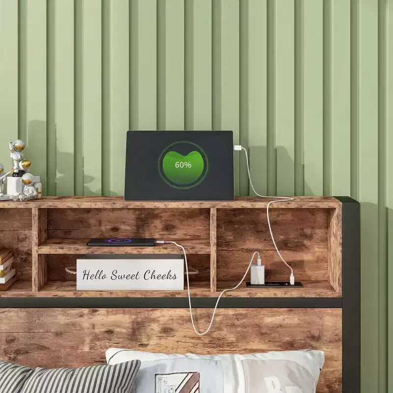 Twin Size Bed Frame with Storage Headboard & Charging Station, Bookcase Shelves for Kids' Bedroom