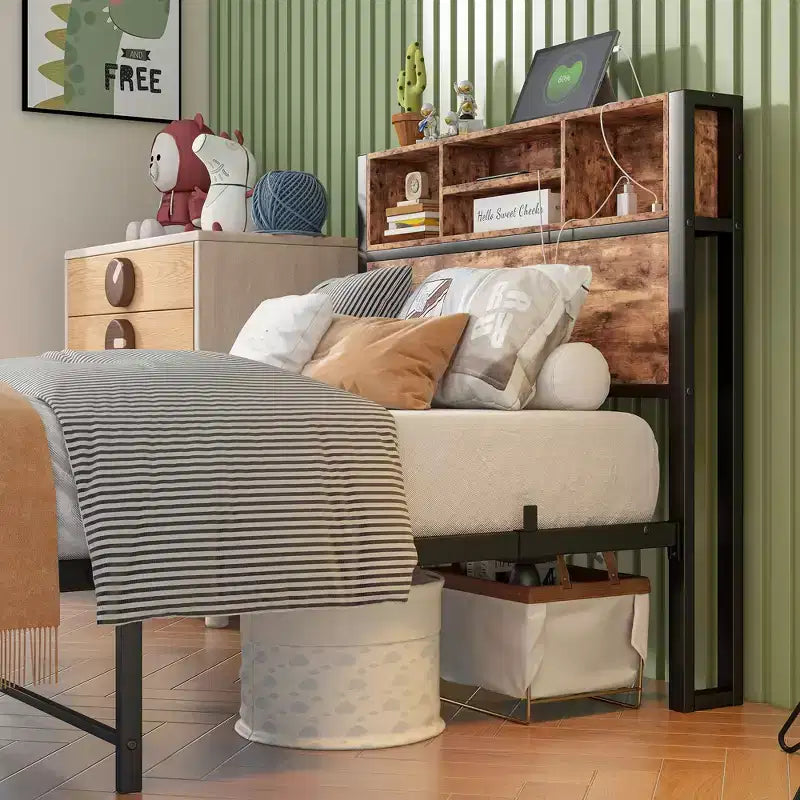 Twin Size Bed Frame with Storage Headboard & Charging Station, Bookcase Shelves for Kids' Bedroom
