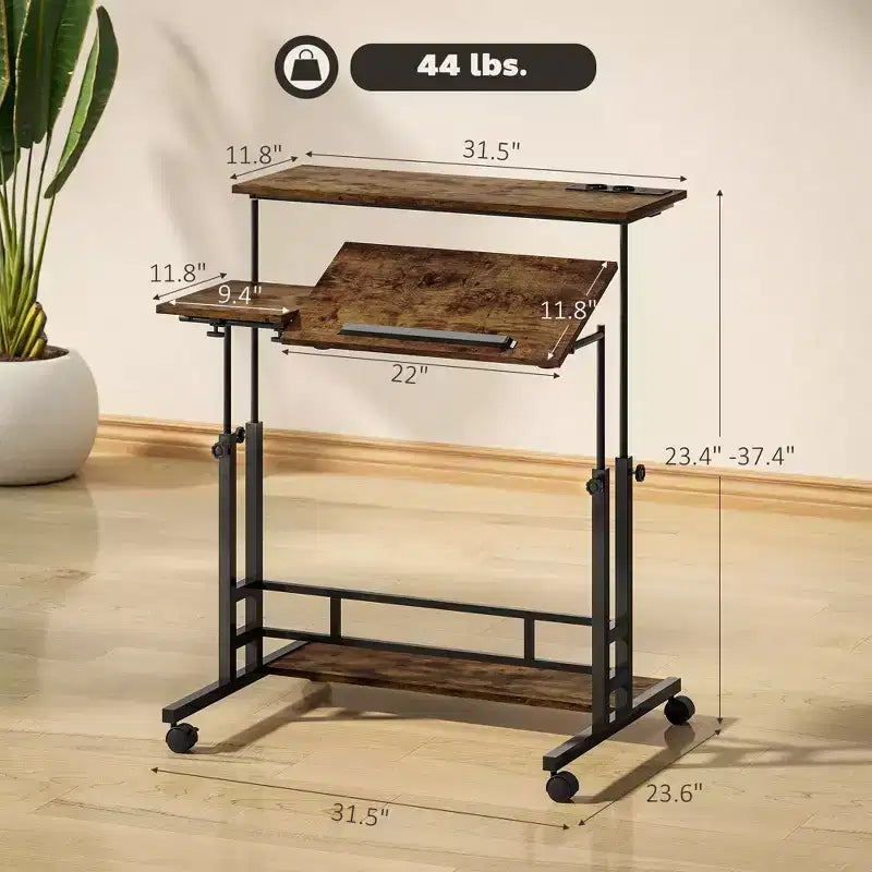 Rolling Standing Desk with Charging Station, Adjustable Height Mobile Desk with Wheels