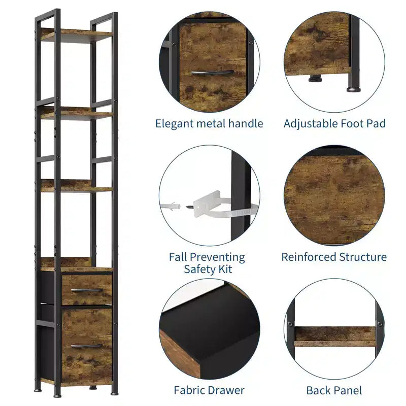 Bookshelf, Bookcase 6 Tier Industrial Tall Narrow Bookcase with 2 Fabric Drawers Metal Frame Storage Organizer