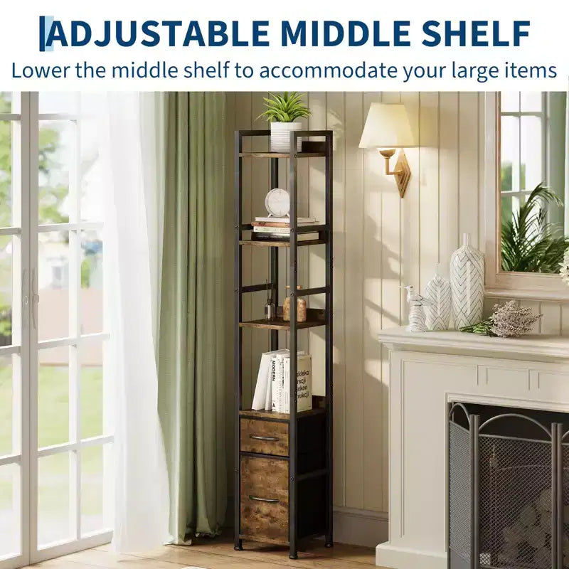 Bookshelf, Bookcase 6 Tier Industrial Tall Narrow Bookcase with 2 Fabric Drawers Metal Frame Storage Organizer