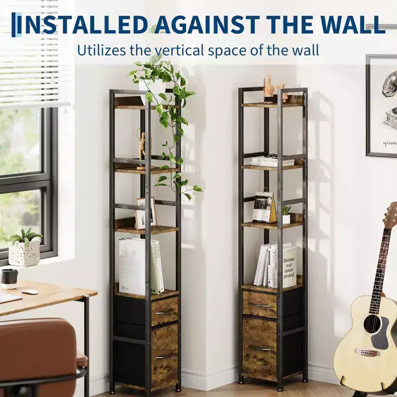 Bookshelf, Bookcase 6 Tier Industrial Tall Narrow Bookcase with 2 Fabric Drawers Metal Frame Storage Organizer