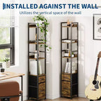 Bookshelf, Bookcase 6 Tier Industrial Tall Narrow Bookcase with 2 Fabric Drawers Metal Frame Storage Organizer