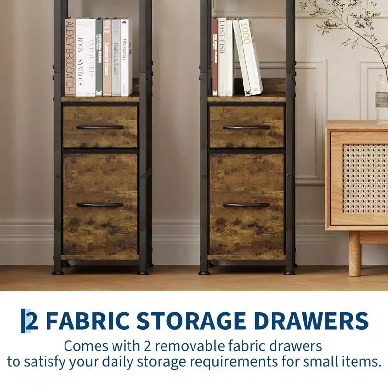 Bookshelf, Bookcase 6 Tier Industrial Tall Narrow Bookcase with 2 Fabric Drawers Metal Frame Storage Organizer