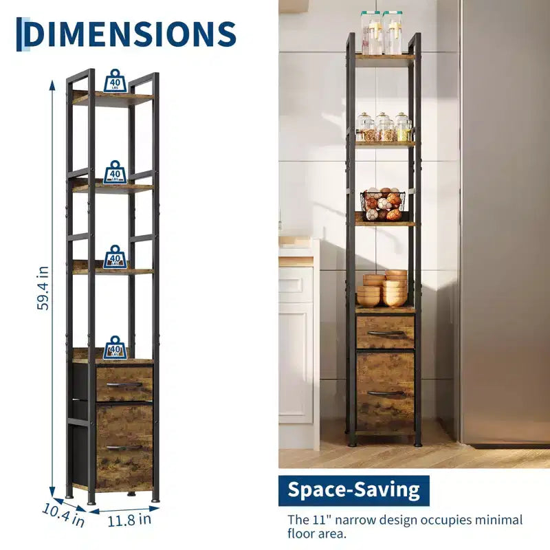 Bookshelf, Bookcase 6 Tier Industrial Tall Narrow Bookcase with 2 Fabric Drawers Metal Frame Storage Organizer