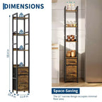 Bookshelf, Bookcase 6 Tier Industrial Tall Narrow Bookcase with 2 Fabric Drawers Metal Frame Storage Organizer