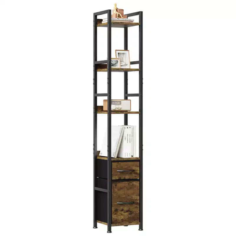 Bookshelf, Bookcase 6 Tier Industrial Tall Narrow Bookcase with 2 Fabric Drawers Metal Frame Storage Organizer
