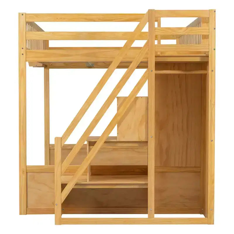 Queen Size Wooden Loft Bed Frame with Staircase and Wardrobe, Storage Shelves and Under-bed Space
