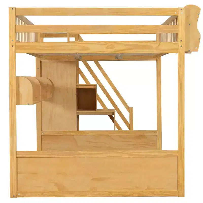 Queen Size Wooden Loft Bed Frame with Staircase and Wardrobe, Storage Shelves and Under-bed Space