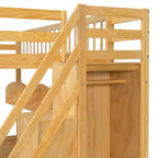 Queen Size Wooden Loft Bed Frame with Staircase and Wardrobe, Storage Shelves and Under-bed Space