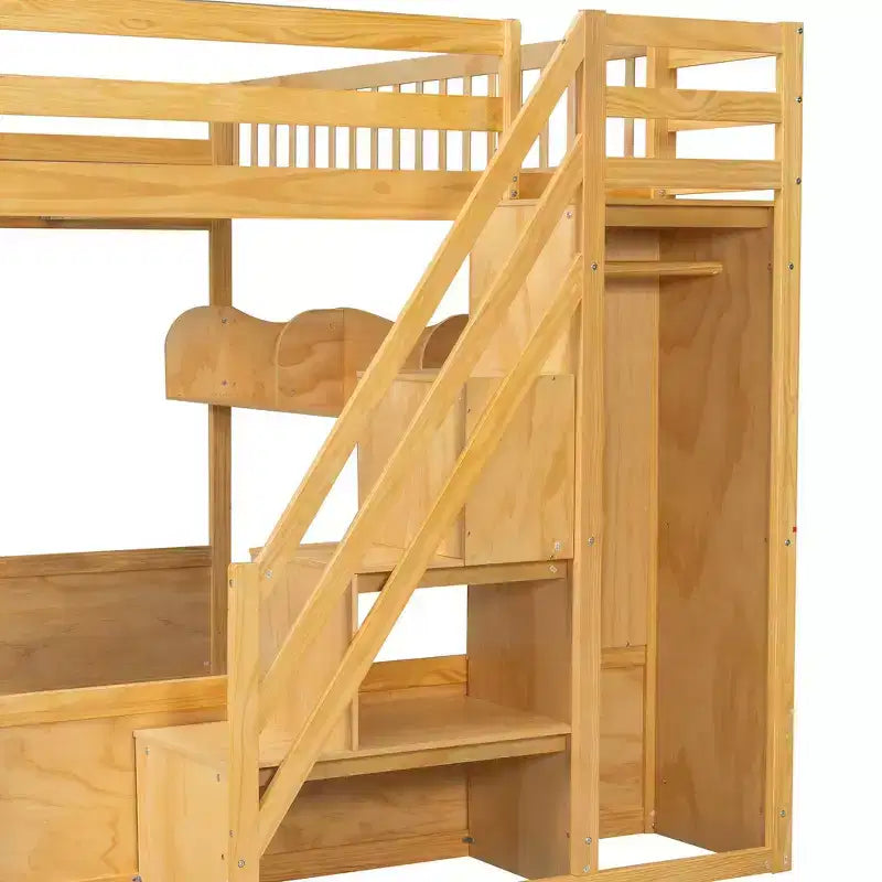 Queen Size Wooden Loft Bed Frame with Staircase and Wardrobe, Storage Shelves and Under-bed Space