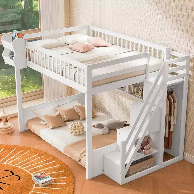 Queen Size Wooden Loft Bed Frame with Staircase and Wardrobe, Storage Shelves and Under-bed Space