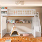 Queen Size Wooden Loft Bed Frame with Staircase and Wardrobe, Storage Shelves and Under-bed Space