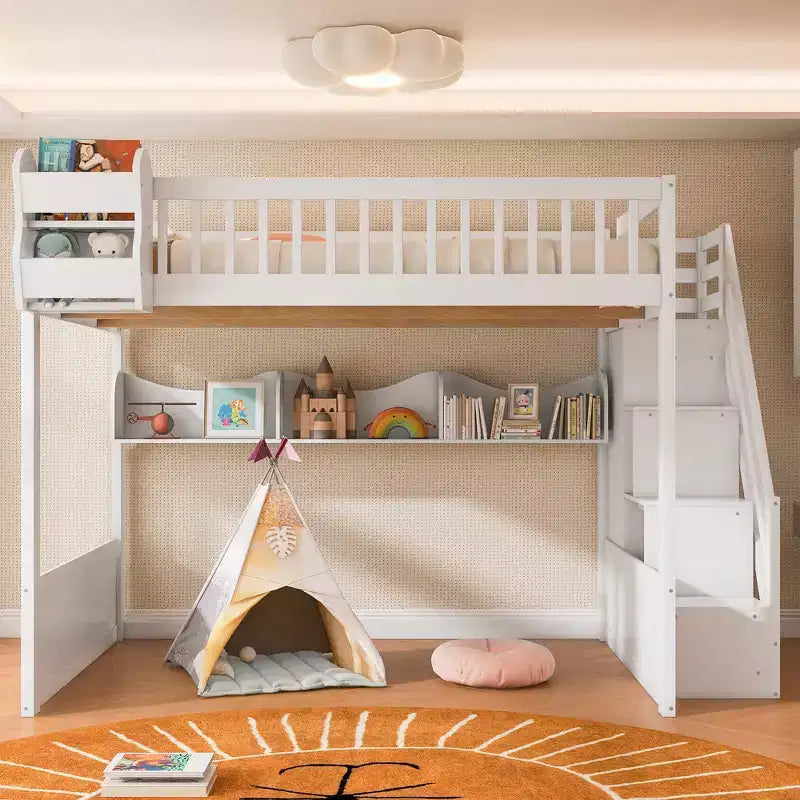 Queen Size Wooden Loft Bed Frame with Staircase and Wardrobe, Storage Shelves and Under-bed Space