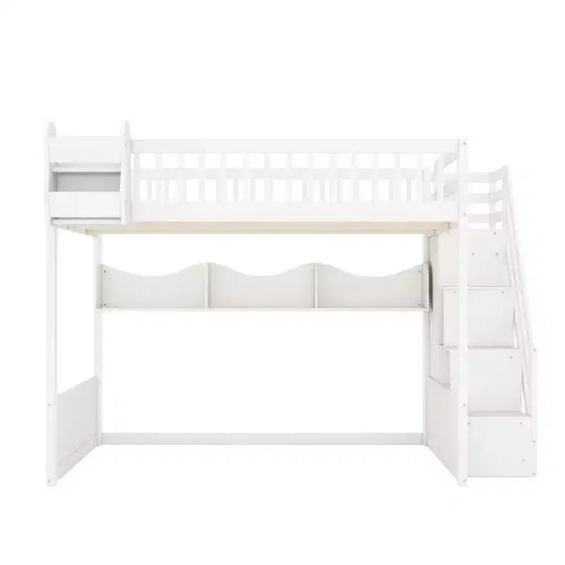Queen Size Wooden Loft Bed Frame with Staircase and Wardrobe, Storage Shelves and Under-bed Space