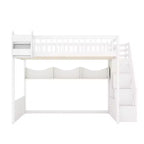 Queen Size Wooden Loft Bed Frame with Staircase and Wardrobe, Storage Shelves and Under-bed Space