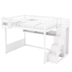 Queen Size Wooden Loft Bed Frame with Staircase and Wardrobe, Storage Shelves and Under-bed Space