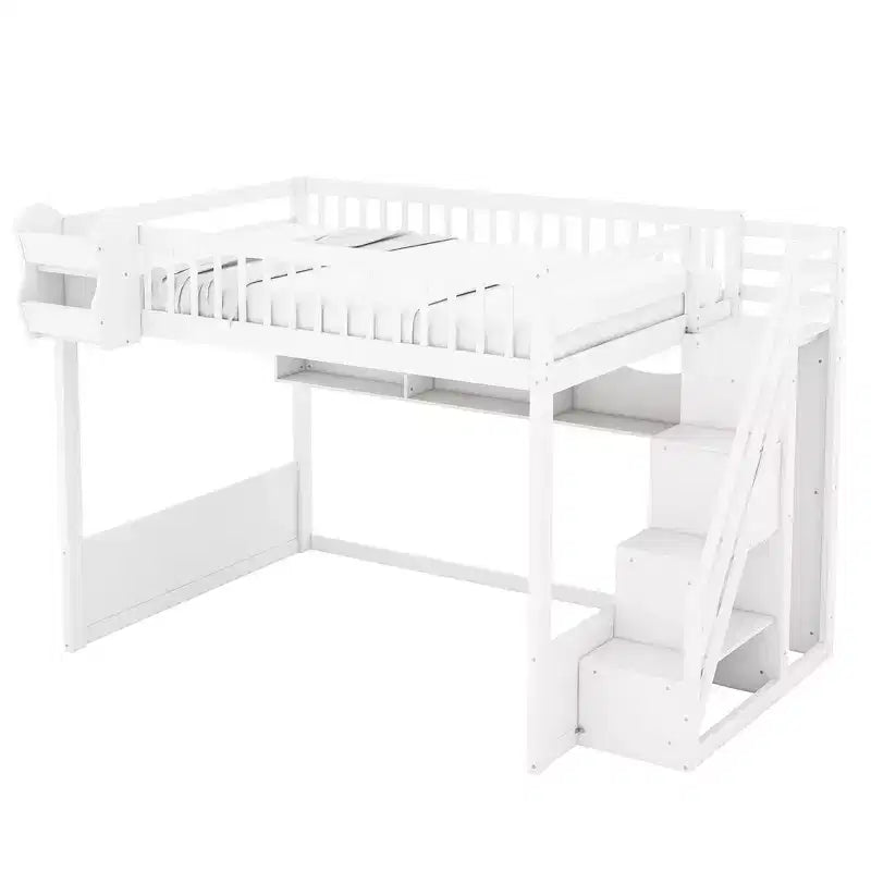 Queen Size Wooden Loft Bed Frame with Staircase and Wardrobe, Storage Shelves and Under-bed Space