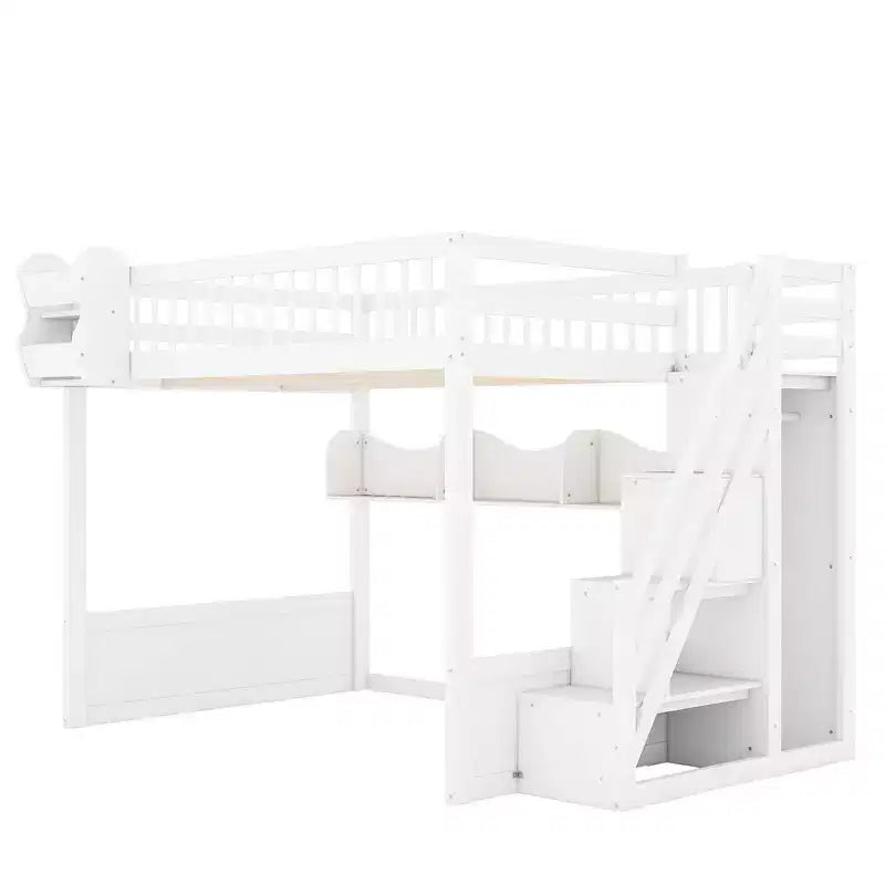 Queen Size Wooden Loft Bed Frame with Staircase and Wardrobe, Storage Shelves and Under-bed Space