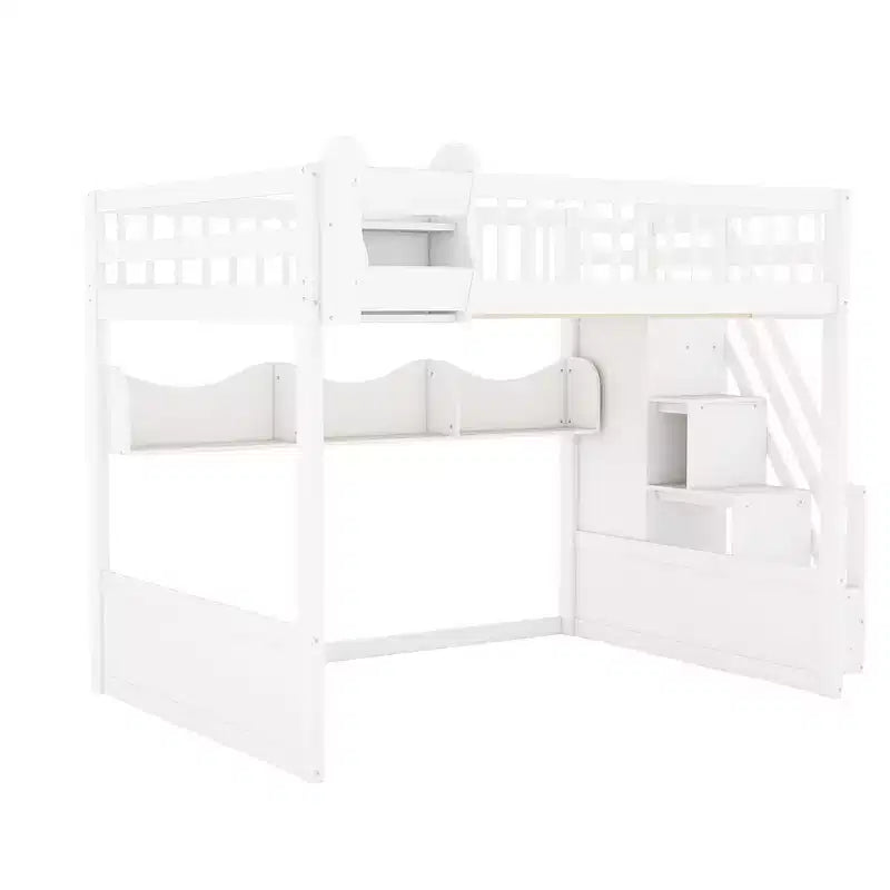 Queen Size Wooden Loft Bed Frame with Staircase and Wardrobe, Storage Shelves and Under-bed Space