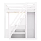 Queen Size Wooden Loft Bed Frame with Staircase and Wardrobe, Storage Shelves and Under-bed Space
