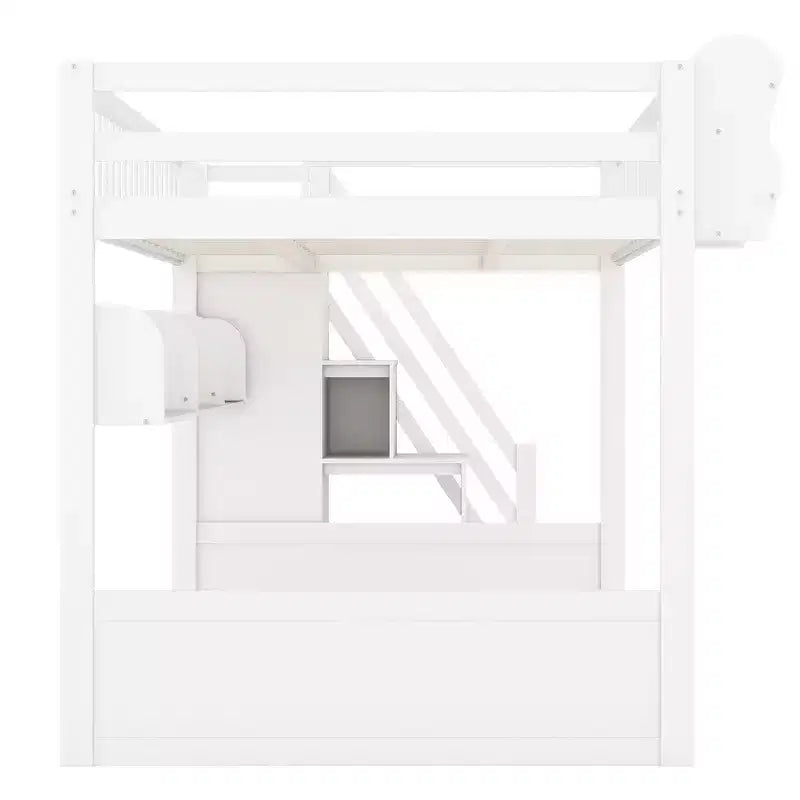 Queen Size Wooden Loft Bed Frame with Staircase and Wardrobe, Storage Shelves and Under-bed Space