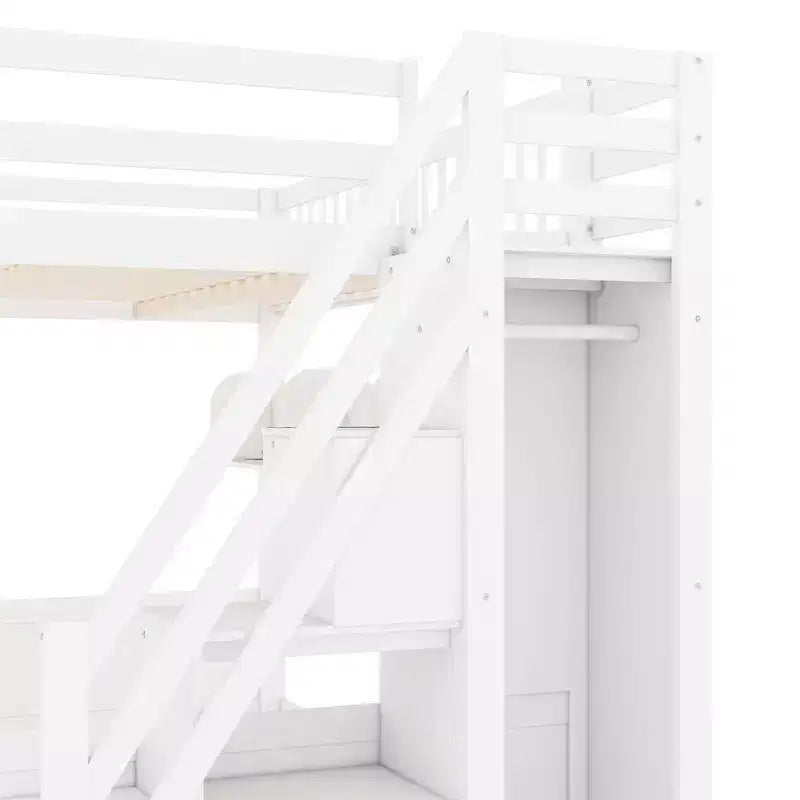 Queen Size Wooden Loft Bed Frame with Staircase and Wardrobe, Storage Shelves and Under-bed Space