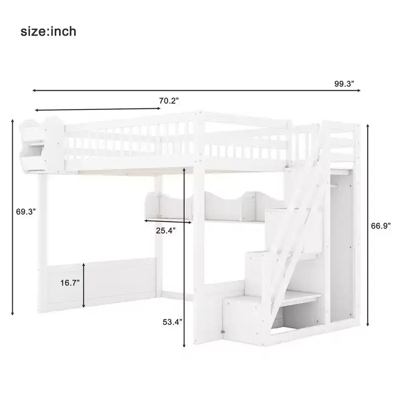 Queen Size Wooden Loft Bed Frame with Staircase and Wardrobe, Storage Shelves and Under-bed Space