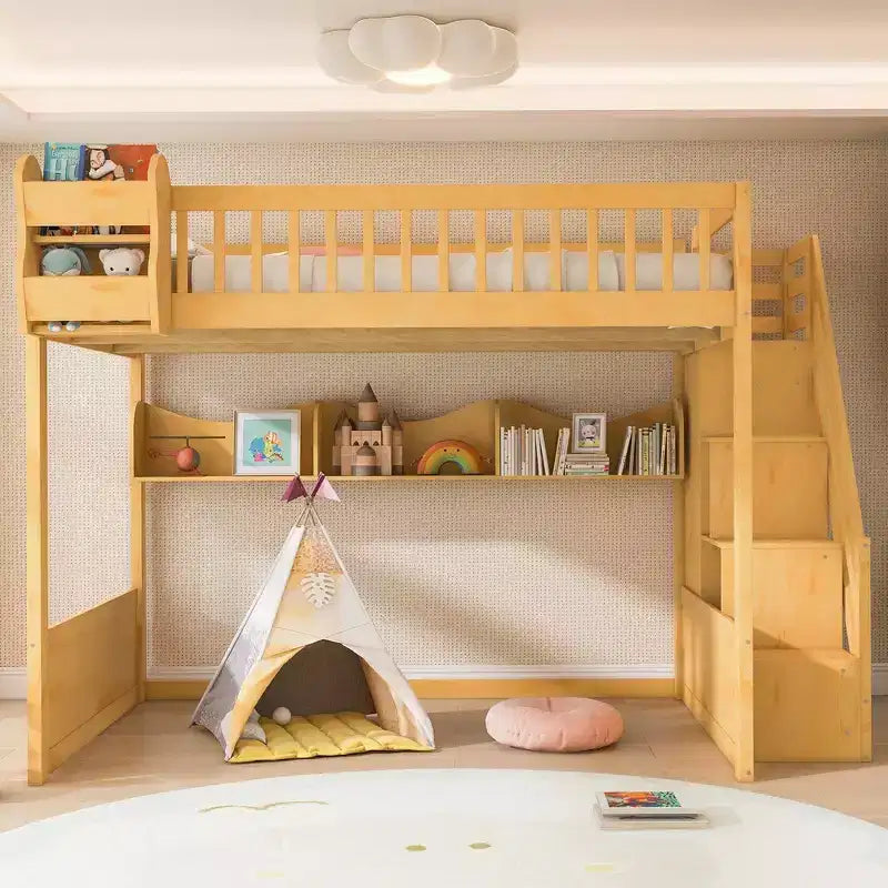 Queen Size Wooden Loft Bed Frame with Staircase and Wardrobe, Storage Shelves and Under-bed Space