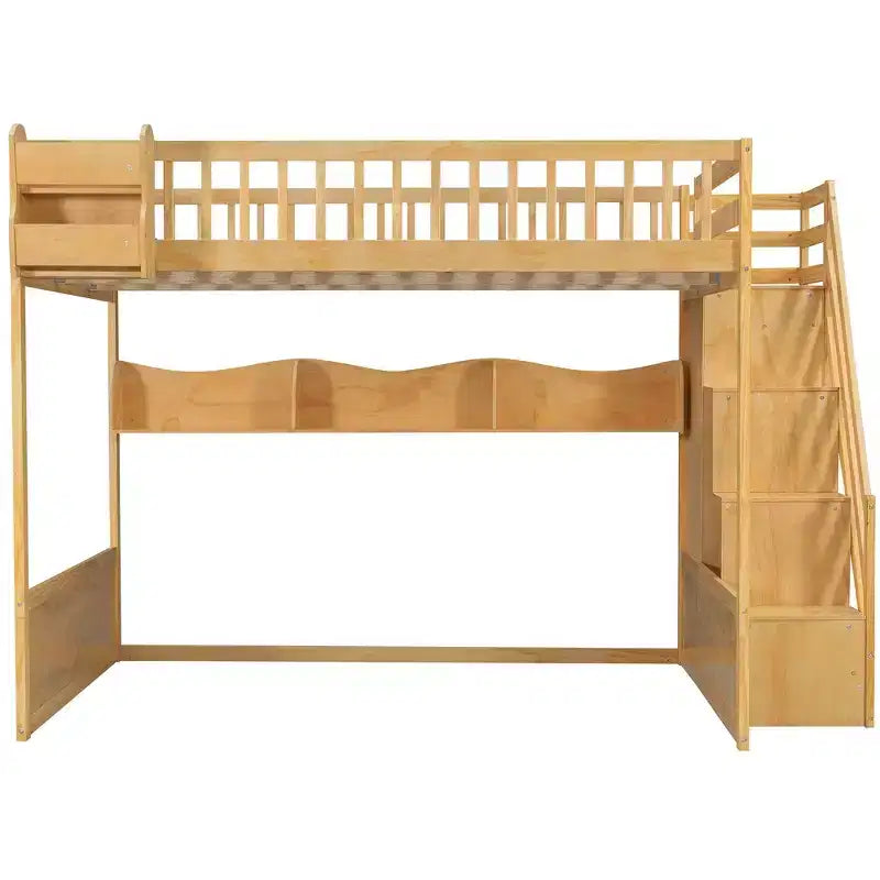 Queen Size Wooden Loft Bed Frame with Staircase and Wardrobe, Storage Shelves and Under-bed Space