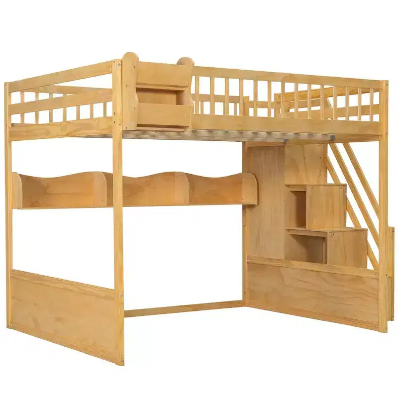 Queen Size Wooden Loft Bed Frame with Staircase and Wardrobe, Storage Shelves and Under-bed Space