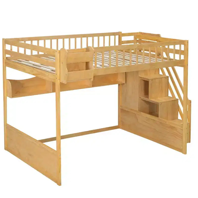 Queen Size Wooden Loft Bed Frame with Staircase and Wardrobe, Storage Shelves and Under-bed Space