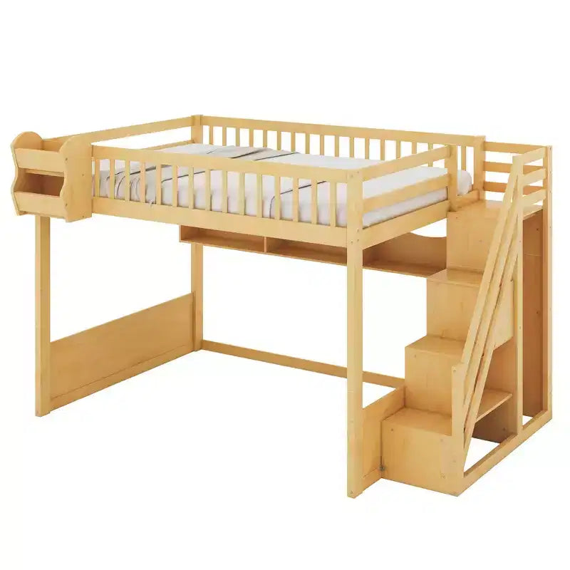 Queen Size Wooden Loft Bed Frame with Staircase and Wardrobe, Storage Shelves and Under-bed Space