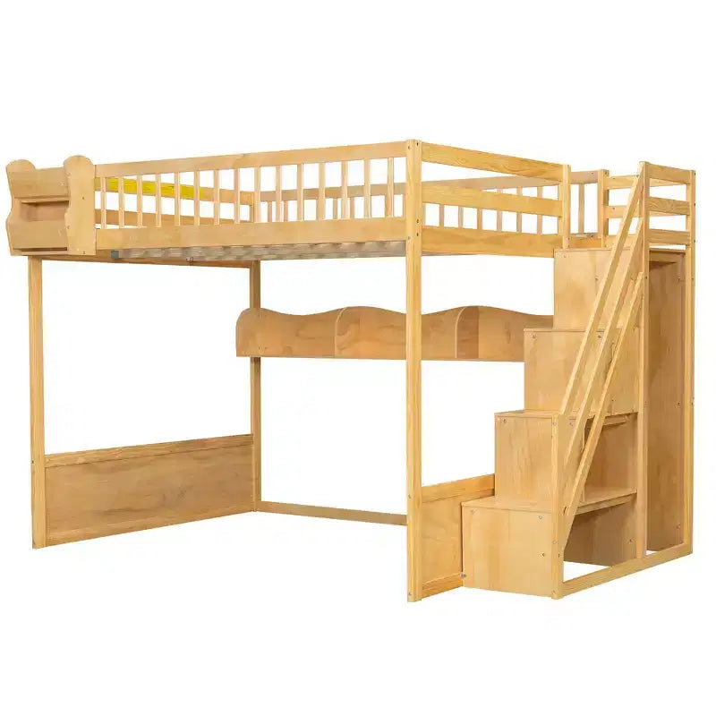 Queen Size Wooden Loft Bed Frame with Staircase and Wardrobe, Storage Shelves and Under-bed Space