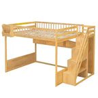 Queen Size Wooden Loft Bed Frame with Staircase and Wardrobe, Storage Shelves and Under-bed Space