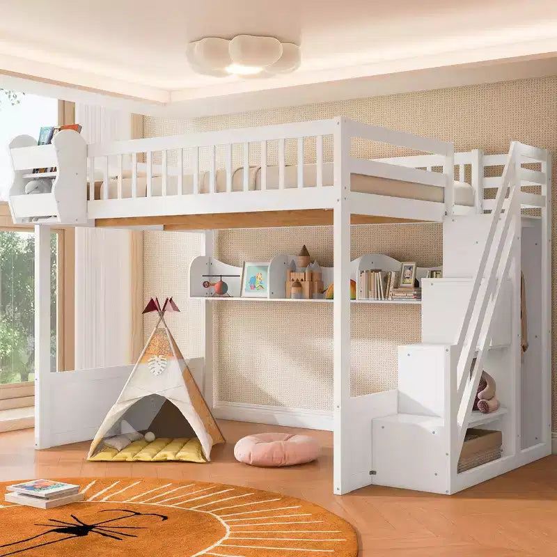 Queen Size Wooden Loft Bed Frame with Staircase and Wardrobe, Storage Shelves and Under-bed Space