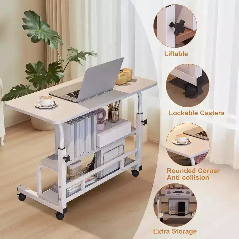 Adjustable Height Mobile Standing Desk with Wheels Portable Rolling Computer Table Storage Shelves Home Office & Small Spaces