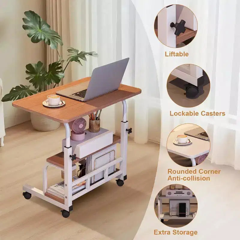 Adjustable Height Mobile Standing Desk with Wheels Portable Rolling Computer Table Storage Shelves Home Office & Small Spaces