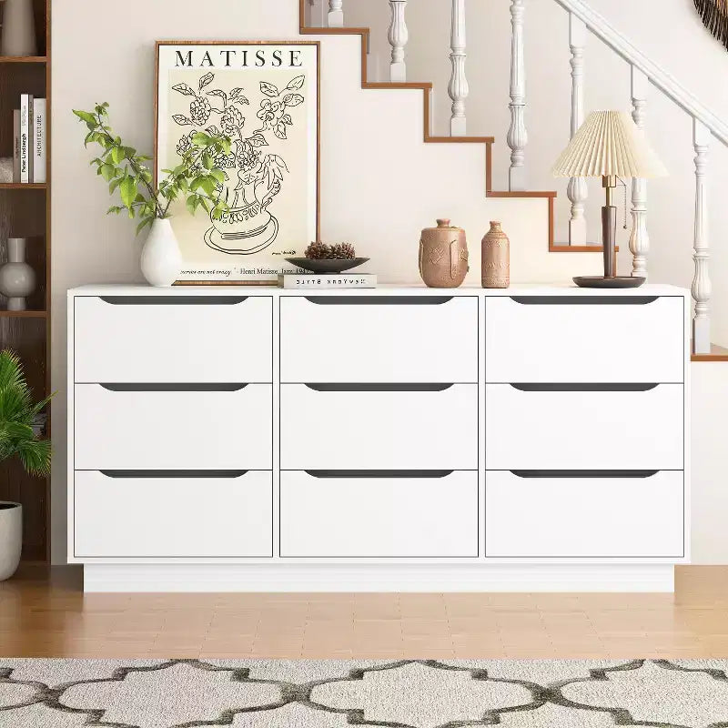 9 Drawer Dresser for Bedroom with Deep Drawers, Large Floor Wood Dressers & Chest of Drawers, Modern White Long Dressers