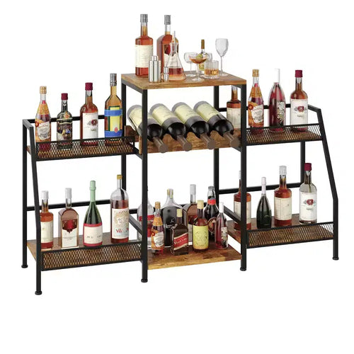 3-Tier Wine Rack Freestanding Floor for Liquor Whiskey Wine, Versatile Wine Bottle Display Stand with Fences, Vintage Brown