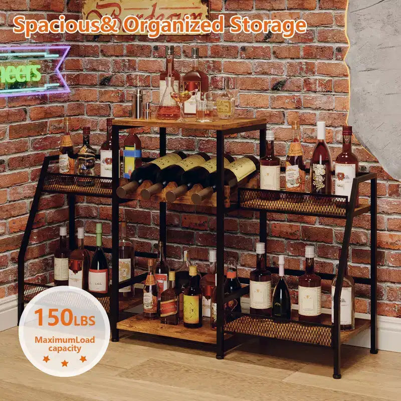 3-Tier Wine Rack Freestanding Floor for Liquor Whiskey Wine, Versatile Wine Bottle Display Stand with Fences, Vintage Brown
