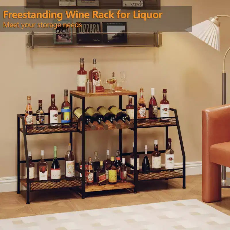 3-Tier Wine Rack Freestanding Floor for Liquor Whiskey Wine, Versatile Wine Bottle Display Stand with Fences, Vintage Brown