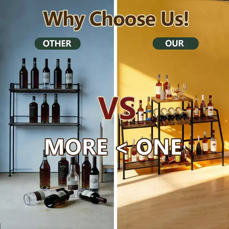 3-Tier Wine Rack Freestanding Floor for Liquor Whiskey Wine, Versatile Wine Bottle Display Stand with Fences, Vintage Brown